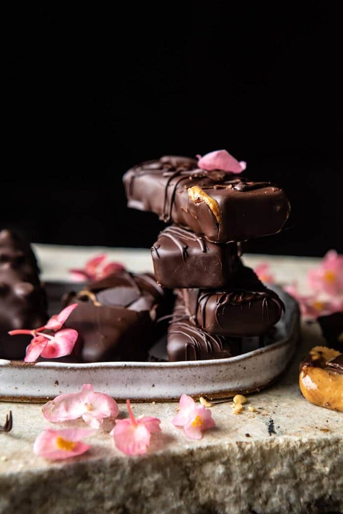 front on photo of Chocolate Covered Creamy Peanut Butter Cup Bars stacked on top of each other