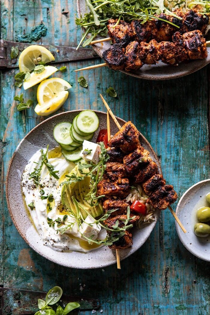 Greek Lemon Chicken Bowls with Sizzled Mint Goddess Sauce | halfbakedharvest.com #chicken #grilled #healthyrecipes #easyrecipes