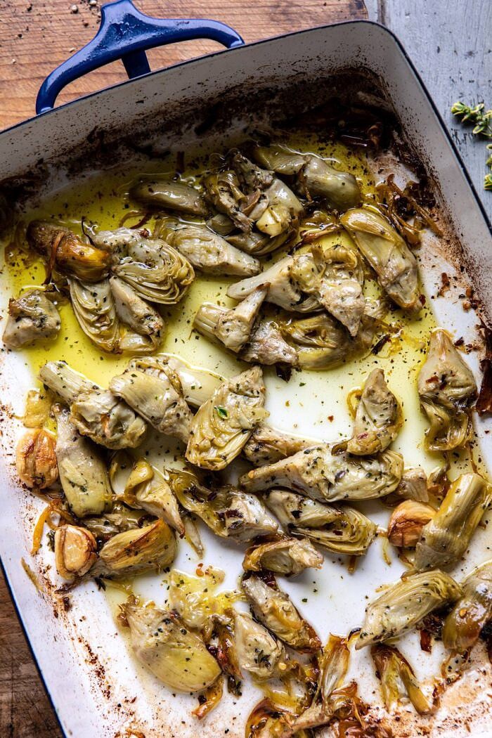 Roasted Lemon Artichokes in baking dish