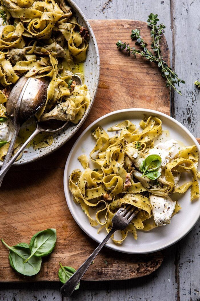 overhead photo of Roasted Lemon Artichoke and Browned Butter Pasta on plate