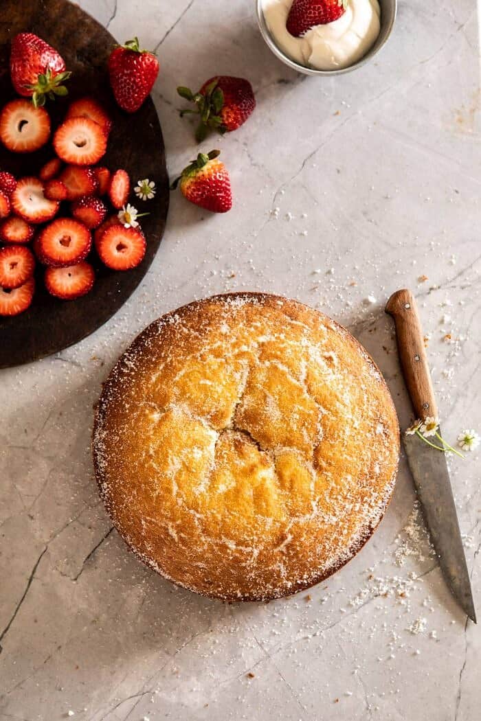 Strawberry Chamomile Olive Oil Cake with Honeyed Ricotta | halfbakedharvest.com #cake #dessert #springrecipes #Easter #strawberry overhead photo of Strawberry Chamomile Olive Oil Cake before adding Honeyed Ricotta