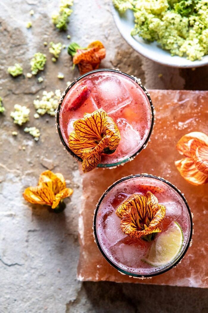 overhead photo of Strawberry Hibiscus Ginger Margarita