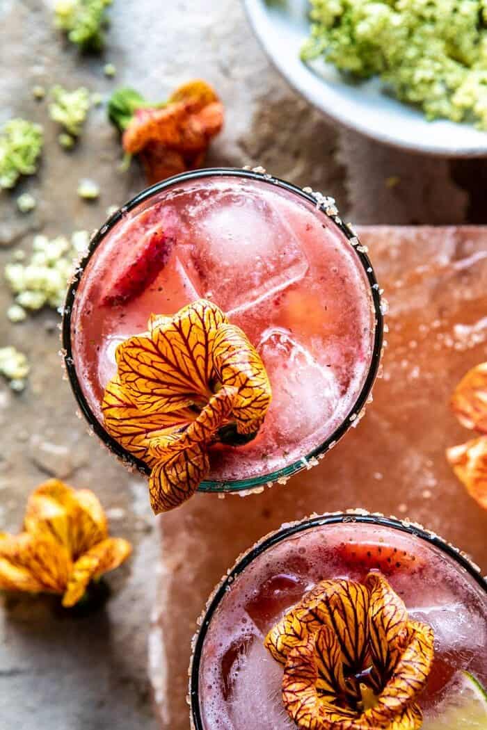 close up overhead photo of Strawberry Hibiscus Ginger Margarita 