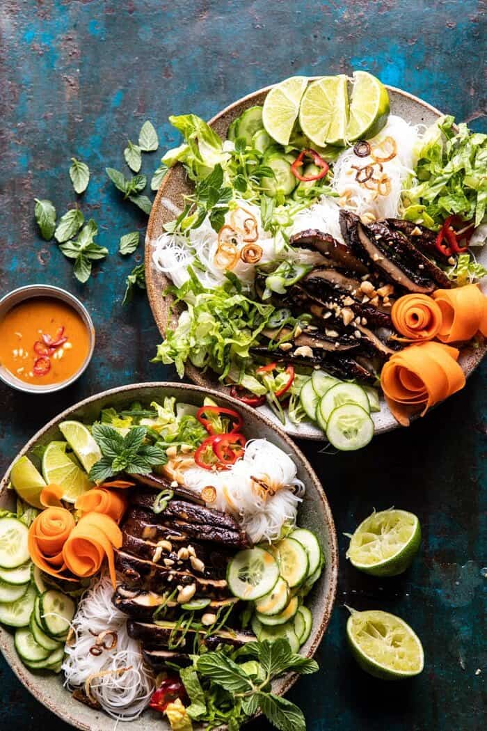 overhead photo of Vietnamese Rice Noodle Salad with Mushrooms and Spicy Peanut Vinaigrette