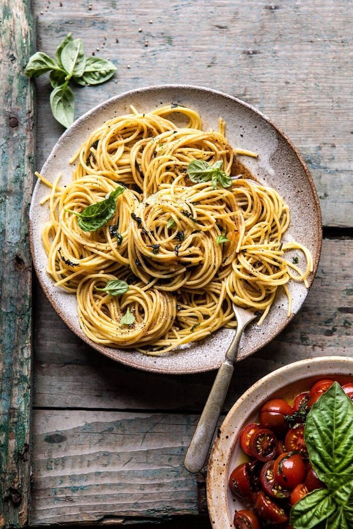 overhead photo of 20 Minute Garlic Basil Brown Butter Pasta 
