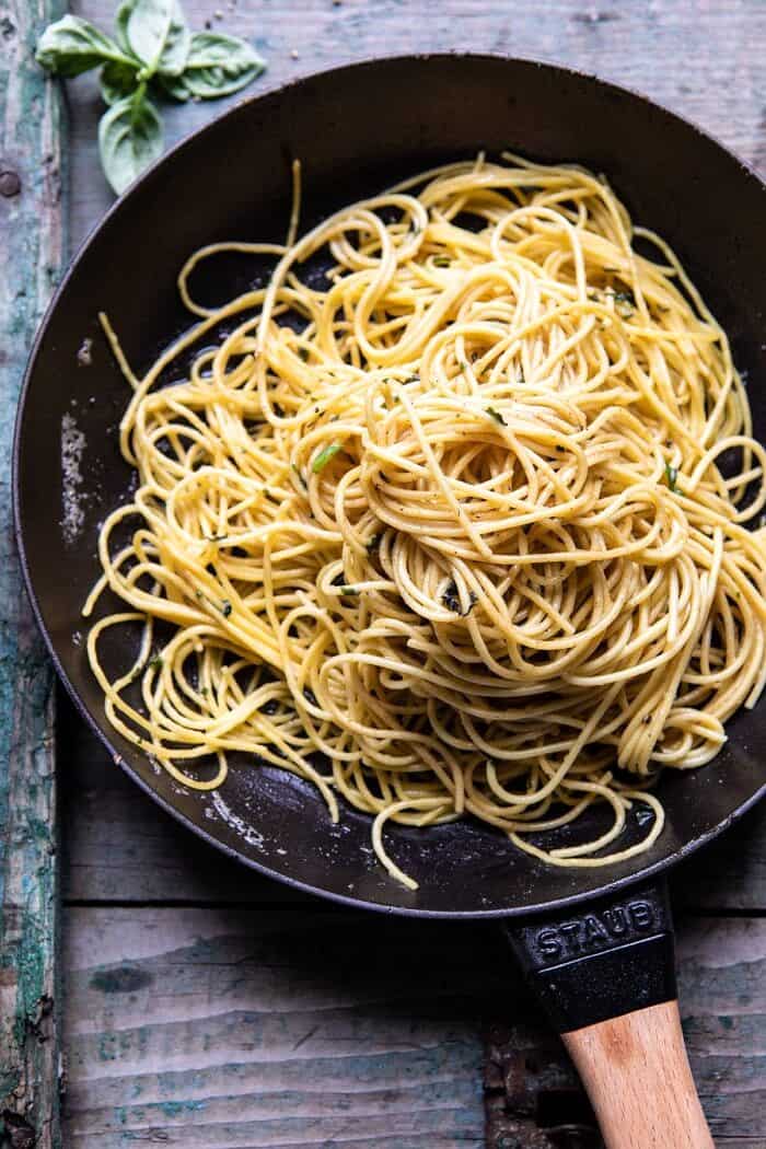 20 Minute Garlic Basil Brown Butter Pasta in skillet 