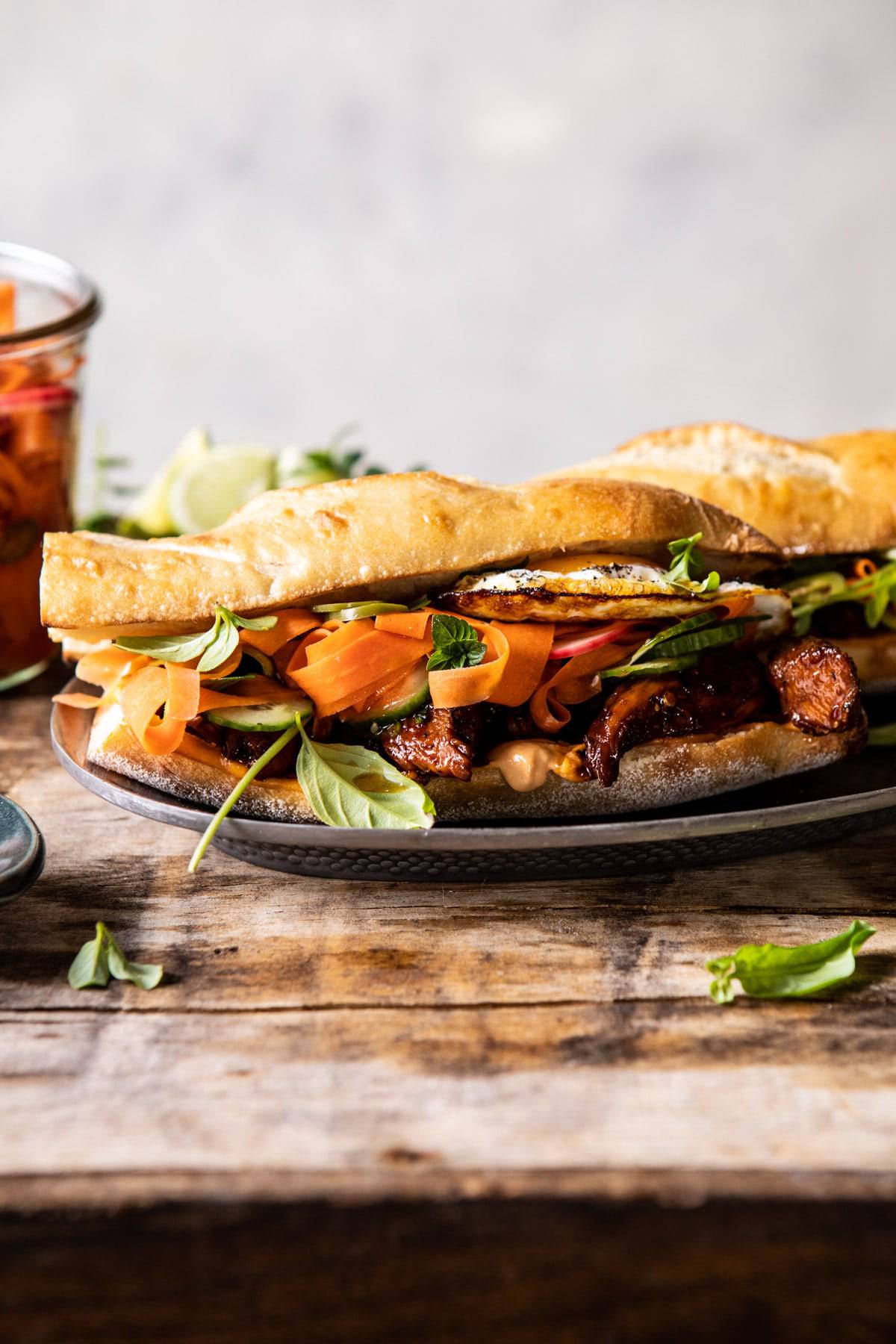 30 Minute Basil Chicken Banh Mi Sandwich | halfbakedharvest.com #easyrecipe #healthyrecipes #chicken #thai #Vietnamese