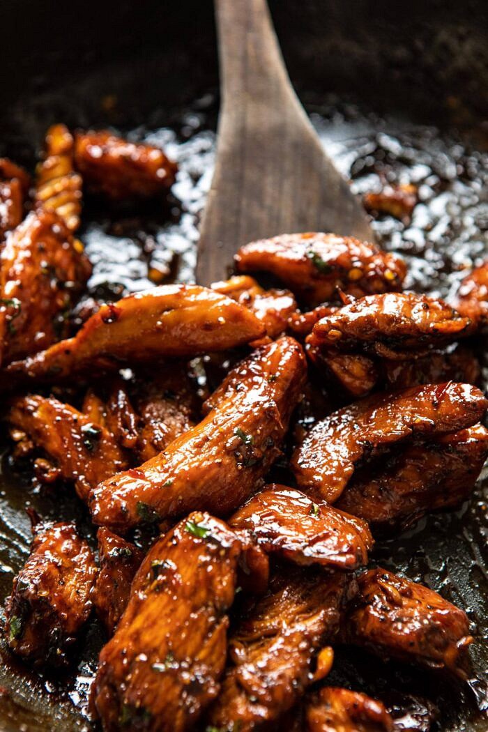 caramelized Basil Chicken in skillet