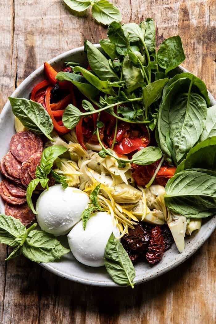 Antipasto Pasta Salad with Herby Parmesan Vinaigrette | halfbakedharvet.com #pasta #easyrecipes #pastasalad #mothersday Antipasto Pasta Salad ingredients