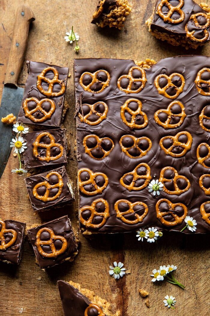 Chocolate Covered Brown Butter Krispie Treats | halfbakedharvest.com #chocolate #peanutbutter #dessert #easyrecipes overhead photo of Chocolate Covered Brown Butter Krispie Treats before being cut
