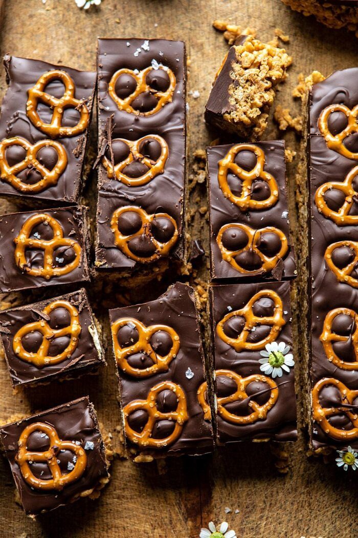 Chocolate Covered Brown Butter Krispie Treats | halfbakedharvest.com #chocolate #peanutbutter #dessert #easyrecipes overhead close up photo of Chocolate Covered Brown Butter Krispie Treats