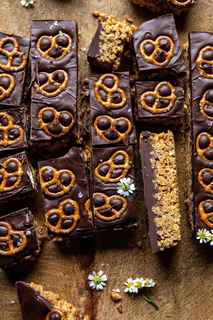 Chocolate Covered Brown Butter Krispie Treats | halfbakedharvest.com #chocolate #peanutbutter #dessert #easyrecipes Chocolate Covered Brown Butter Krispie Treats with bars flipped over to expose the underside