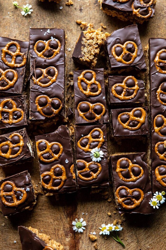 Chocolate Covered Brown Butter Krispie Treats | halfbakedharvest.com #chocolate #peanutbutter #dessert #easyrecipes overhead photo of Chocolate Covered Brown Butter Krispie Treats with bars cut into squares