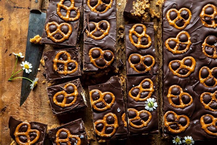 Chocolate Covered Brown Butter Krispie Treats | halfbakedharvest.com #chocolate #peanutbutter #dessert #easyrecipes overhead horizontal photo of Chocolate Covered Brown Butter Krispie Treats