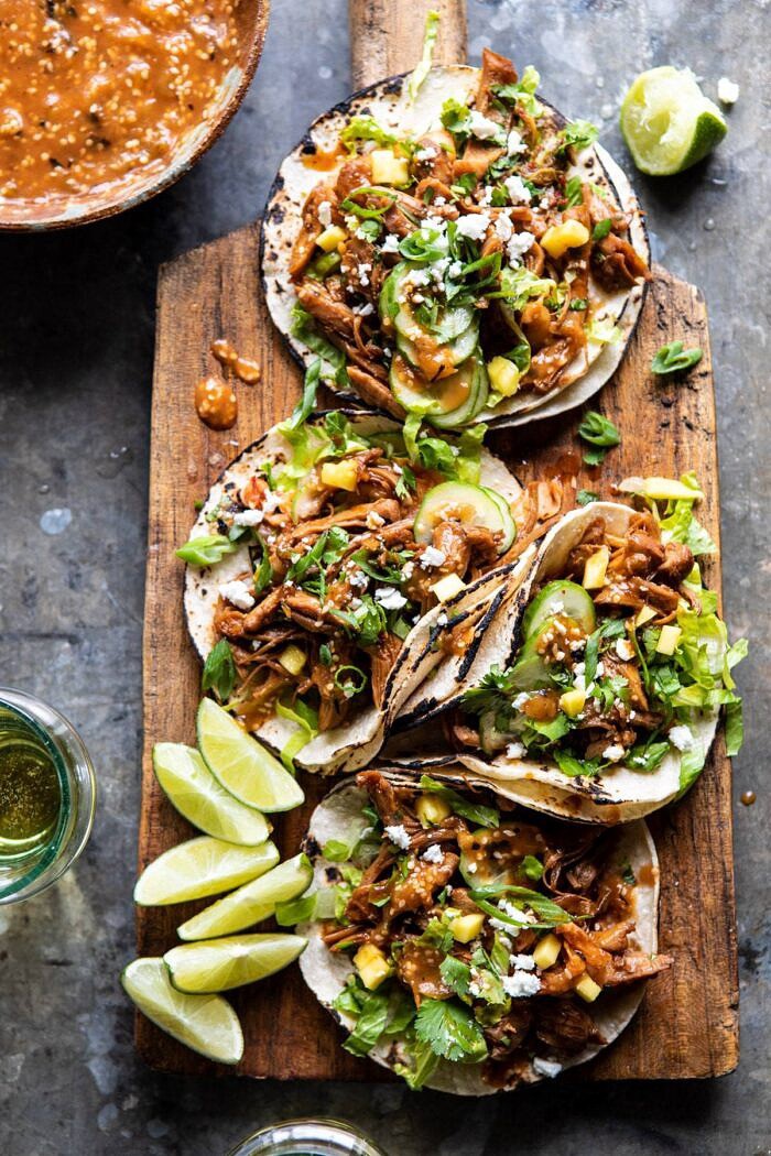 Instant Pot Korean Bulgogi BBQ Tacos | halfbakedharvest.com #tacos #instantpot #easyrecipes #dinner #chicken overhead photo of Instant Pot Korean Bulgogi BBQ Tacos