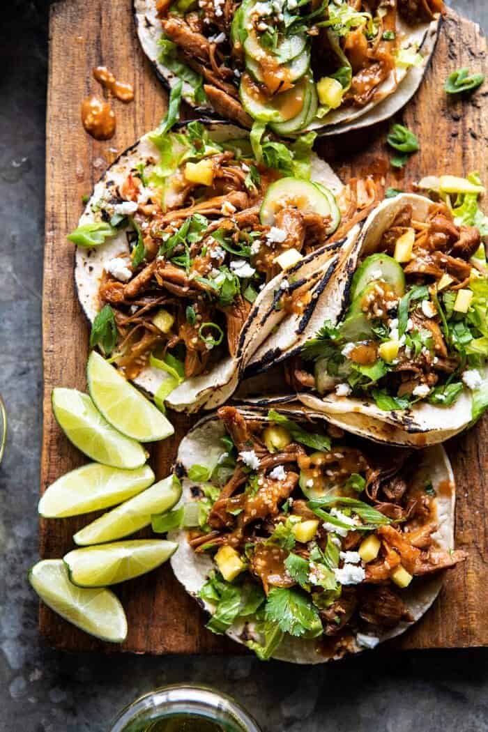 Instant Pot Korean Bulgogi BBQ Tacos | halfbakedharvest.com #tacos #instantpot #easyrecipes #dinner #chicken overhead close up photo of Instant Pot Korean Bulgogi BBQ Tacos