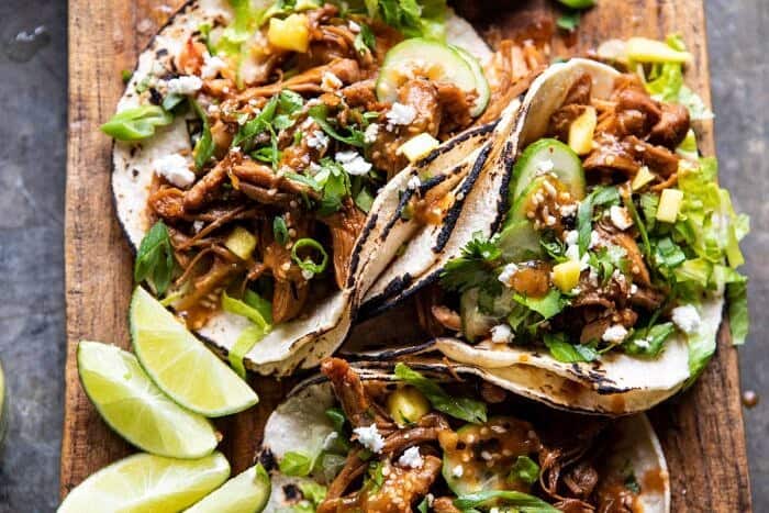 Instant Pot Korean Bulgogi BBQ Tacos | halfbakedharvest.com #tacos #instantpot #easyrecipes #dinner #chicken horizontal photo of Instant Pot Korean Bulgogi BBQ Tacos