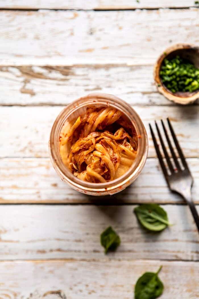 Kimchi Grilled Cheese | halfbakedharvest.com #grilledcheese #easyrecipes #korean Kimchi in glass jar