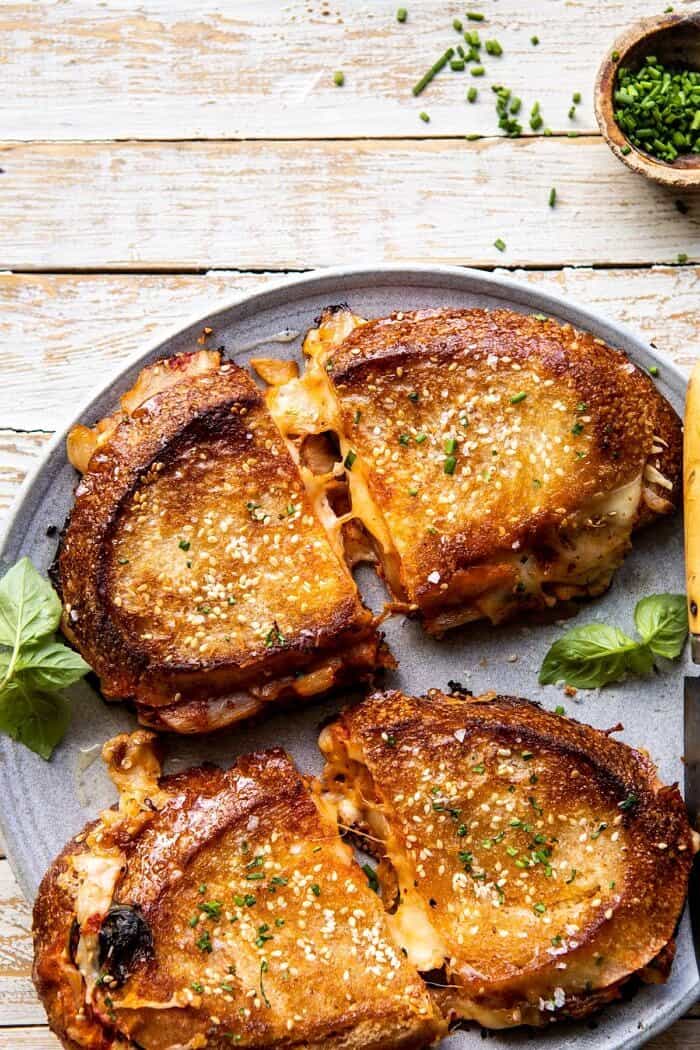 Kimchi Grilled Cheese | halfbakedharvest.com #grilledcheese #easyrecipes #korean overhead close up photo of Kimchi Grilled Cheese