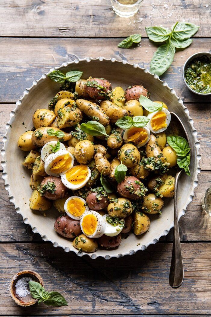 Pesto Potato Salad | halfbakedharvest.com #potatosalad #easyrecipes #pesto #summerrecipes overhead photo of Pesto Potato Salad