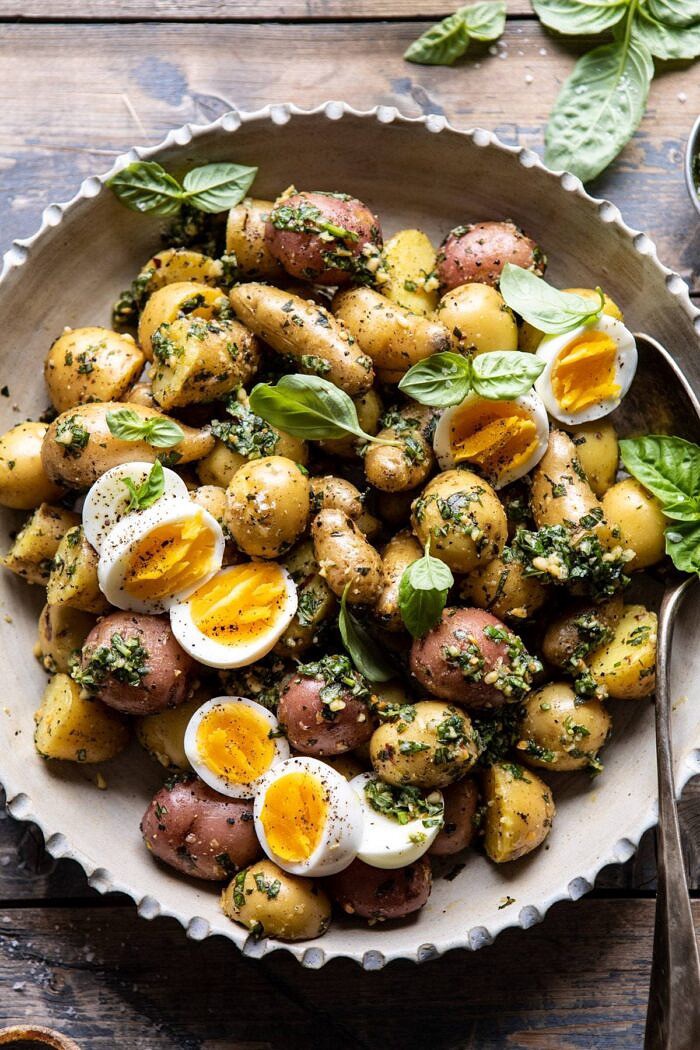 Pesto Potato Salad | halfbakedharvest.com #potatosalad #easyrecipes #pesto #summerrecipes overhead close up photo of Pesto Potato Salad