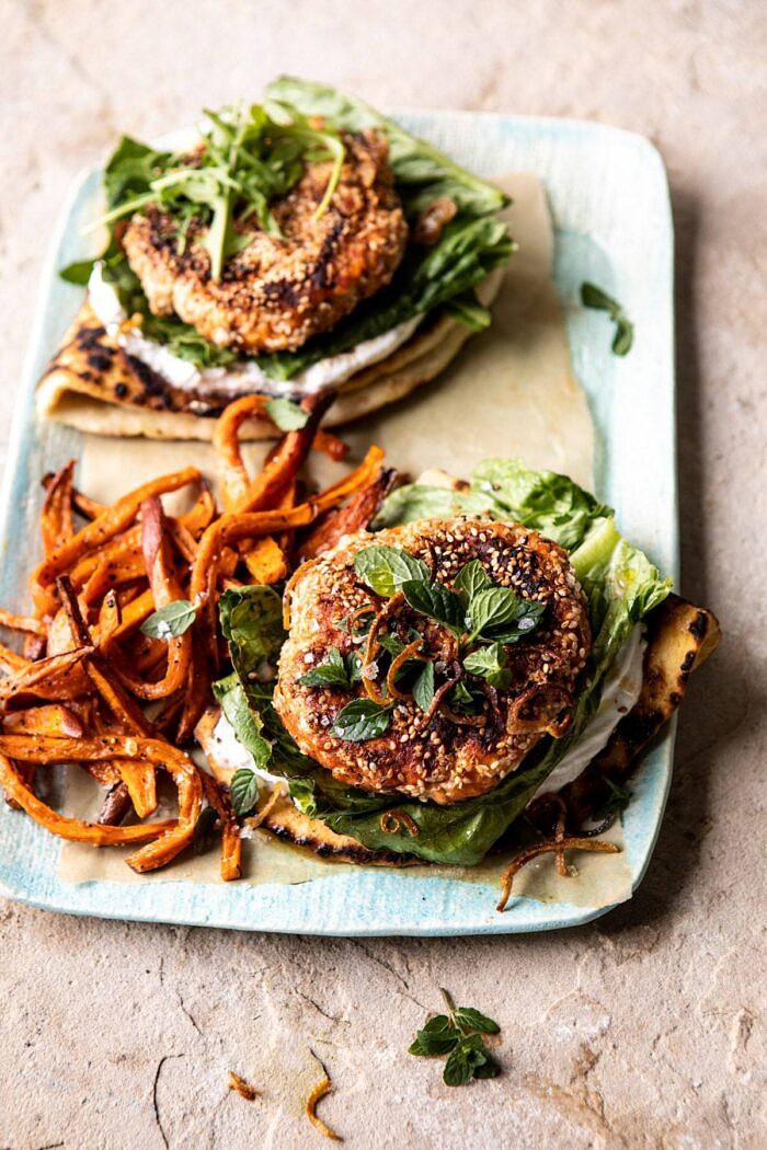 overhead photo of Sesame Crusted Curried Salmon Burgers with Lemony Herbs 