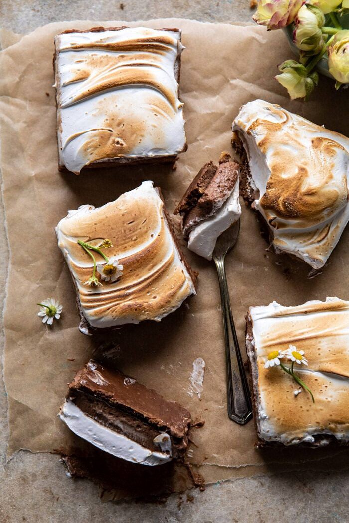S'mores Chocolate Mousse Bars | halfbakedharvest.com #smores #dessert #chocolate #summerrecipes overhead photo S'mores Chocolate Mousse Bars
