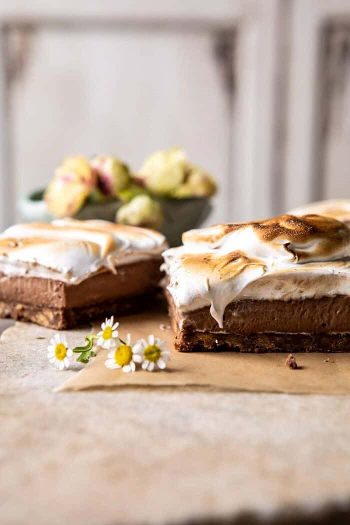 S'mores Chocolate Mousse Bars | halfbakedharvest.com #smores #dessert #chocolate #summerrecipes close up photo of S'mores Chocolate Mousse Bars