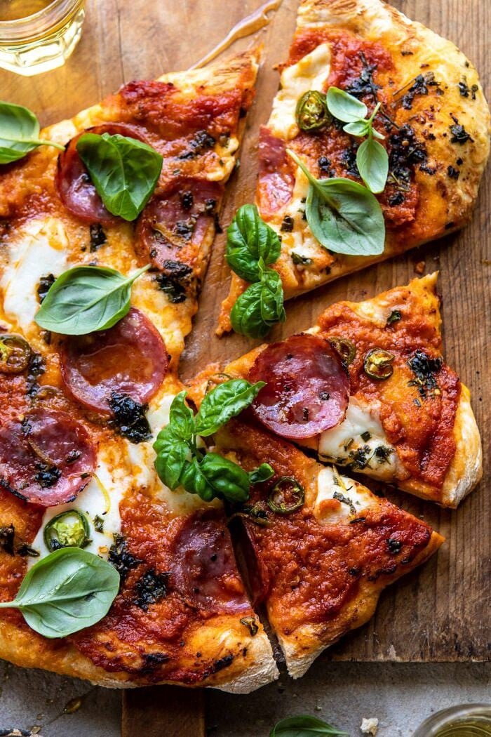 Sweet and Spicy Tomato Basil Pepperoni Pizza | halfbakedharvest.com #pizza #easyrecipes #cheese #summer #spring