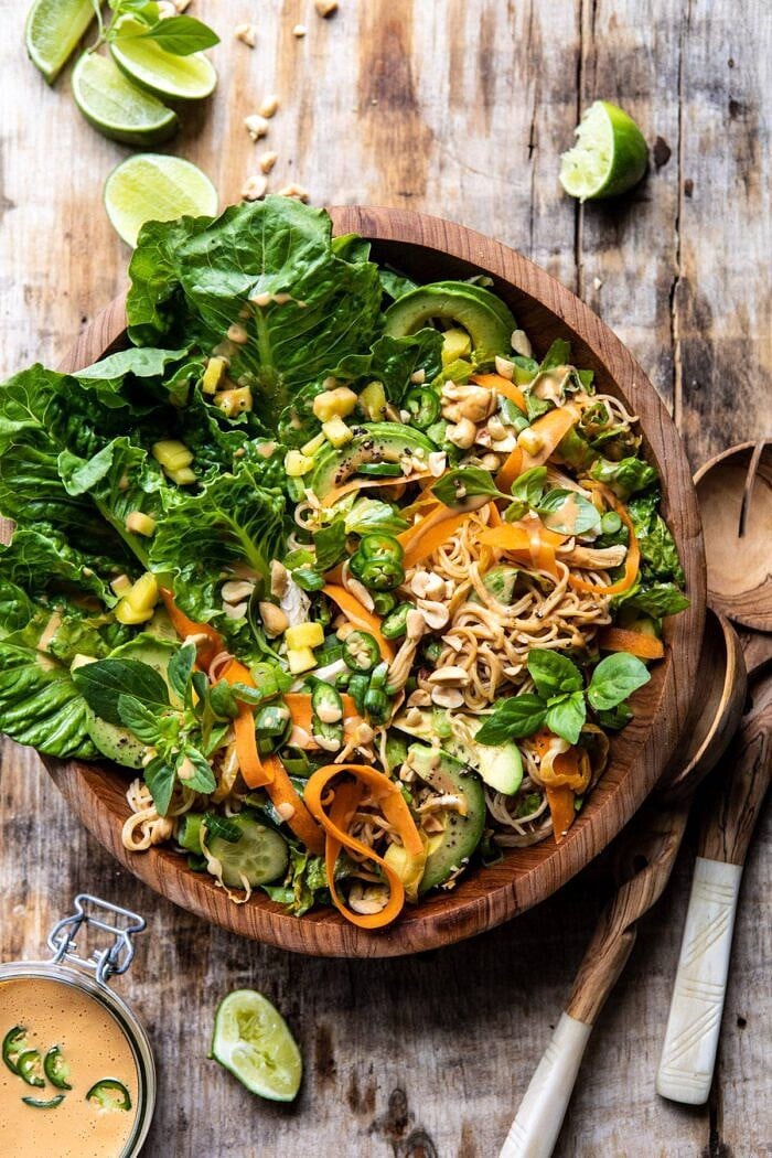 Thai Peanut Chicken Ramen Noodle Salad | halfbakedharvest.com #healthyrecipes #thai #peanutbuter #salad overhead photo of Thai Peanut Chicken Ramen Noodle Salad