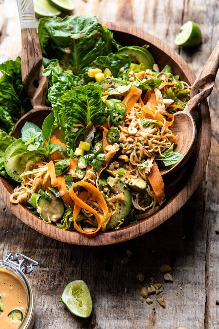 Thai Peanut Chicken Ramen Noodle Salad | halfbakedharvest.com #healthyrecipes #thai #peanutbuter #salad side angled photo of Thai Peanut Chicken Ramen Noodle Salad