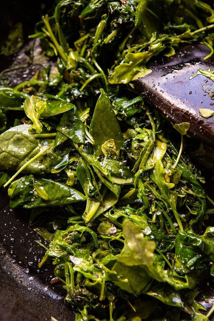 garlicy greens in skillet 