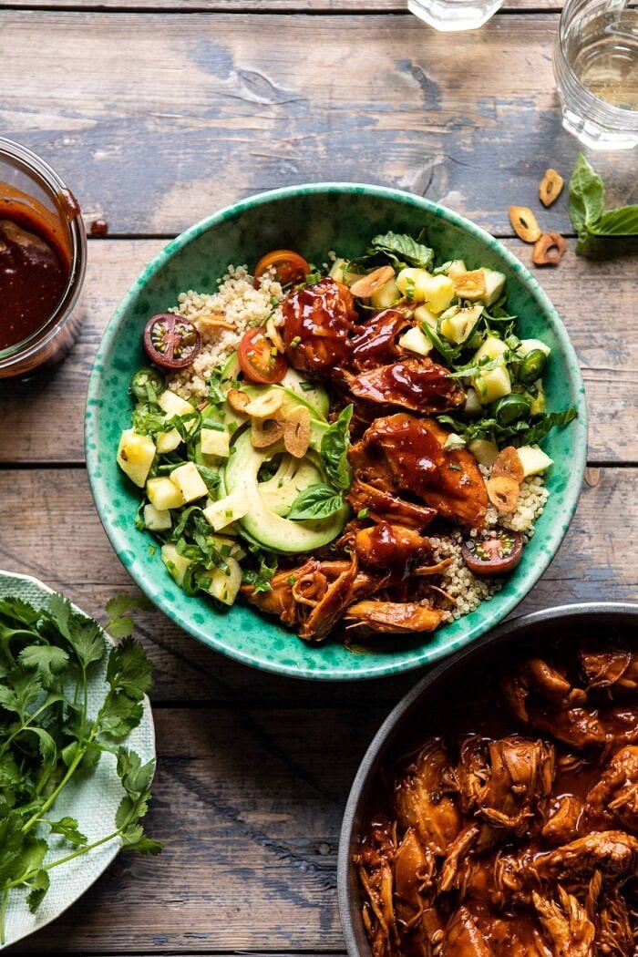 overhead photo Weeknight Saucy Pineapple BBQ Chicken Bowls 