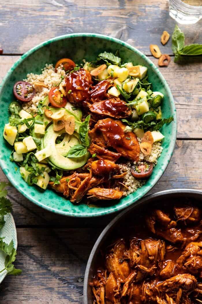 overhead close up photo of Weeknight Saucy Pineapple BBQ Chicken Bowls 