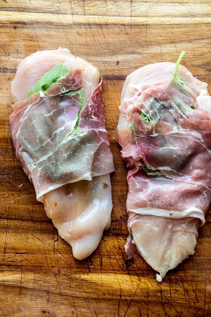 Basil Chicken Saltimbocca with Marinated Tomatoes and Burrata | halfbakedharvest.com #chicken #tomatoes #basil #summerrecipes Basil Chicken Saltimbocca before adding the bread crumbs