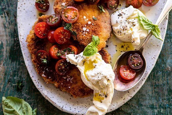 Basil Chicken Saltimbocca with Marinated Tomatoes and Burrata | halfbakedharvest.com #chicken #tomatoes #basil #summerrecipes horizontal photo of Basil Chicken Saltimbocca with Marinated Tomatoes and Burrata