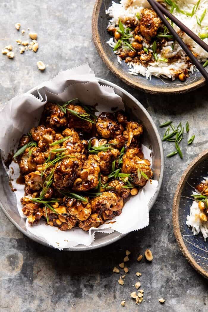 Better Than Takeout Kung Pao Cauliflower | halfbakedharvest.com #vegan #healthyrecipes #easyrecipes #vegetables overhead photo of Better Than Takeout Kung Pao Cauliflower in bowl