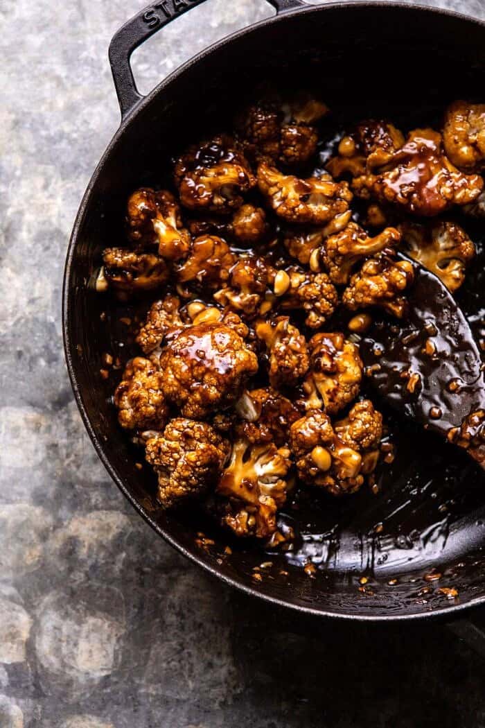 Better Than Takeout Kung Pao Cauliflower | halfbakedharvest.com #vegan #healthyrecipes #easyrecipes #vegetables Better Than Takeout Kung Pao Cauliflower in skillet