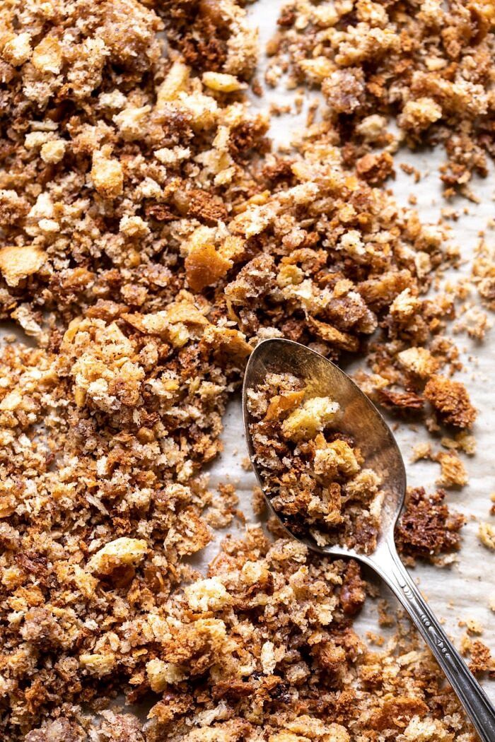 Cinnamon Toast Brioche Crumbs on baking sheet