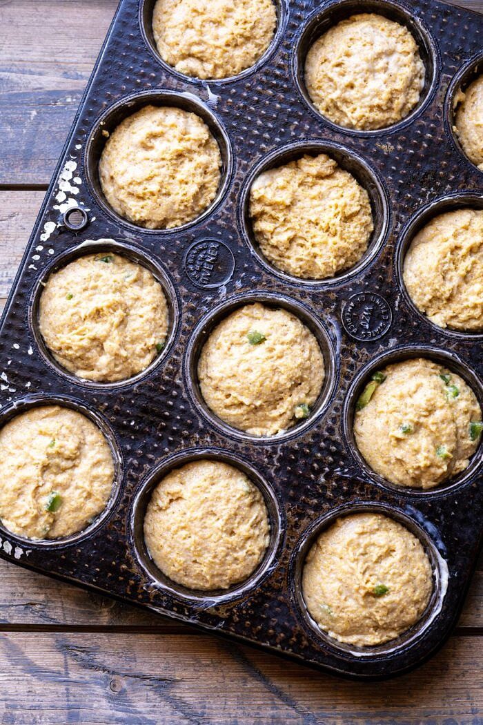 Browned Butter Jalapeño Cornbread Muffins | halfbakedharvest.com #cornbread #easyrecipes #brownedbutter Browned Butter Jalapeño Cornbread Muffins in pan before baking