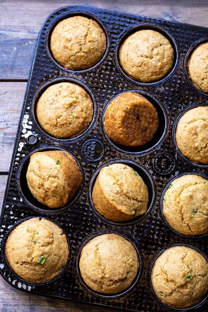 Browned Butter Jalapeño Cornbread Muffins | halfbakedharvest.com #cornbread #easyrecipes #brownedbutter overhead photo of Browned Butter Jalapeño Cornbread Muffins in pan after baking