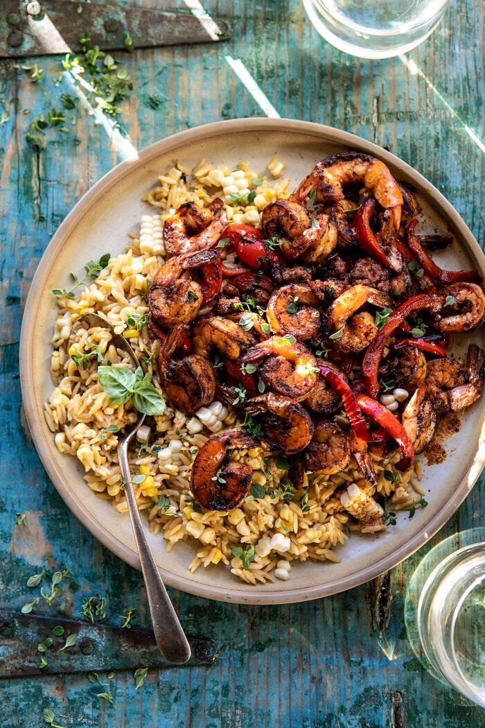 Cajun Pepper Shrimp with Creamed Corn Orzo | halfbakedharvest.com #shrimp #summerrecipes #corn #30minutes