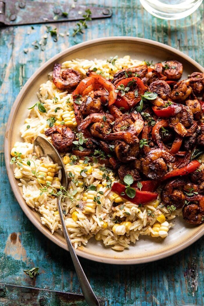 overhead close up photo of Cajun Pepper Shrimp with Creamed Corn Orzo