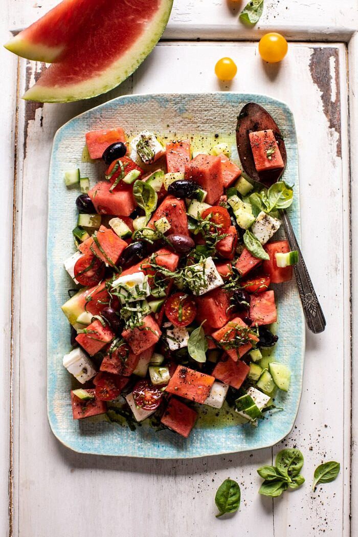 Greek Watermelon Feta Salad with Basil Vinaigrette | halfbakedharvest.com #watermelon #summerrecipes #easyrecipes #healthy