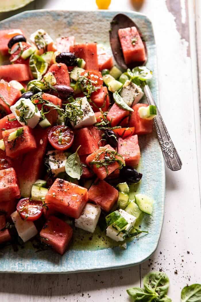 Greek Watermelon Feta Salad with Basil Vinaigrette | halfbakedharvest.com #watermelon #summerrecipes #easyrecipes #healthy