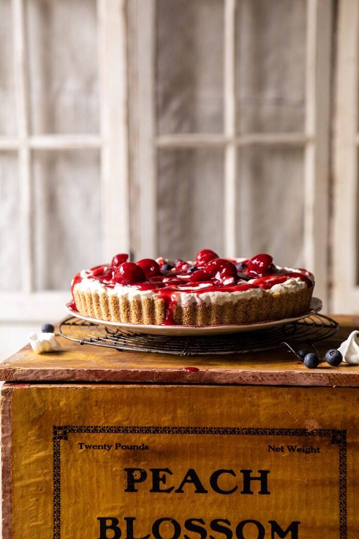 front on photo of No-Bake Eton Mess Berry Cheesecake before adding whipped cream