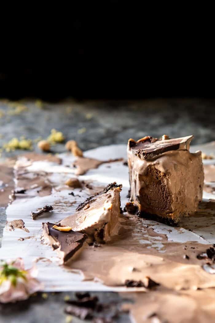 front on photo of Nonnie's 6 Ingredient Chocolate Peanut Butter Ice Cream Cake slice