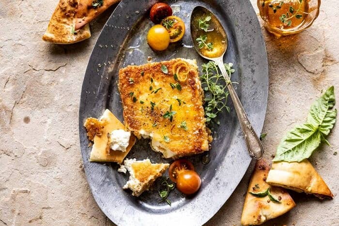 horizontal photo of Pan-Fried Feta with Peppered Honey