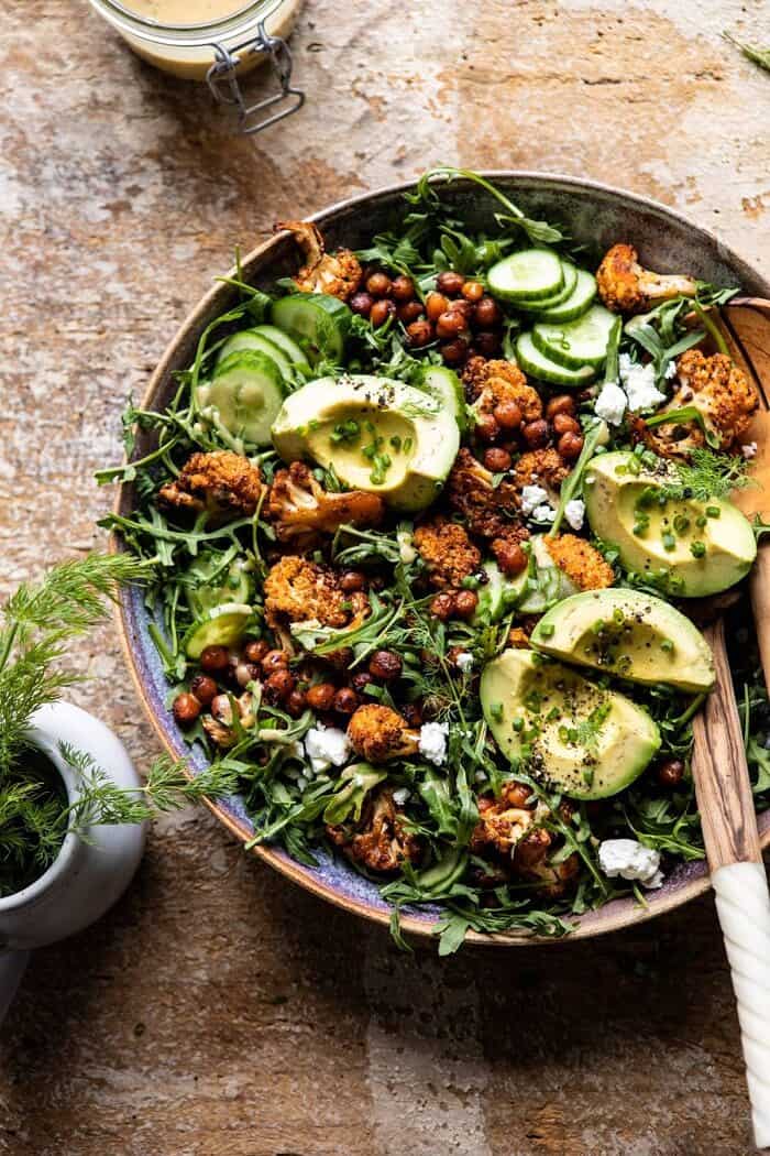 Roasted Cauliflower Salad with Creamy Honey Mustard Vinaigrette | halfbakedharvest.com #healthyrecipes #salad #cauliflower