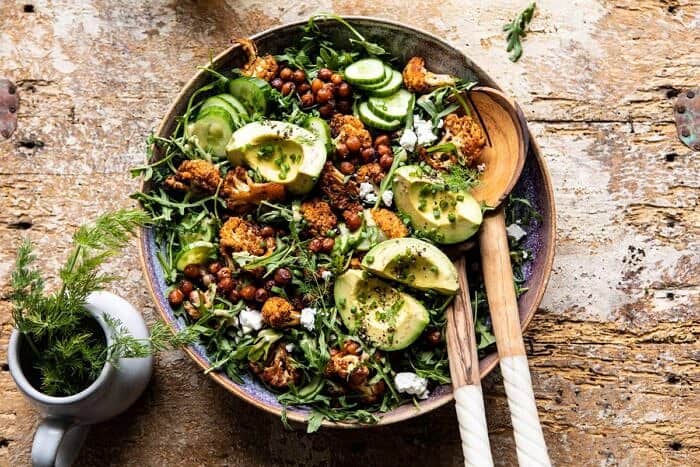 horizontal photo of Roasted Cauliflower Salad with Creamy Honey Mustard Vinaigrette 
